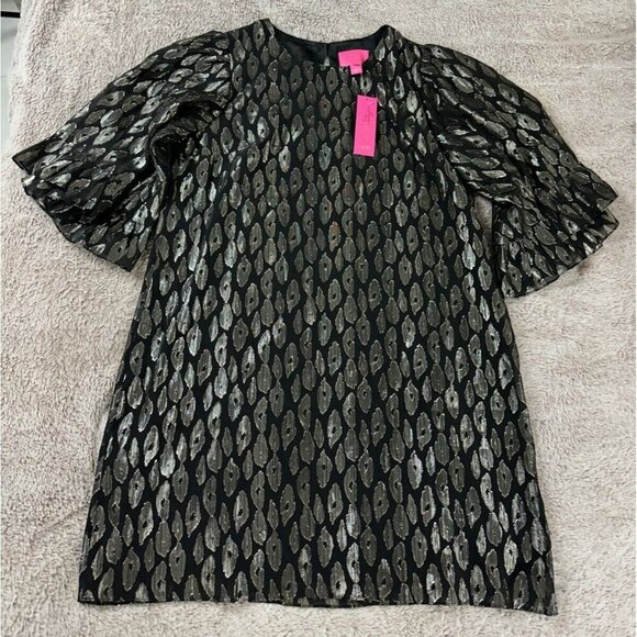 Lilly Pulitzer Francis Silk Dress In Onyx Leopard Metallic Black Size L New $248 - Picture 3 of 14